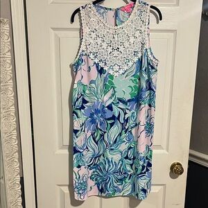 Lilly Pulitzer Blue and Green Floral Dress with White Lace
